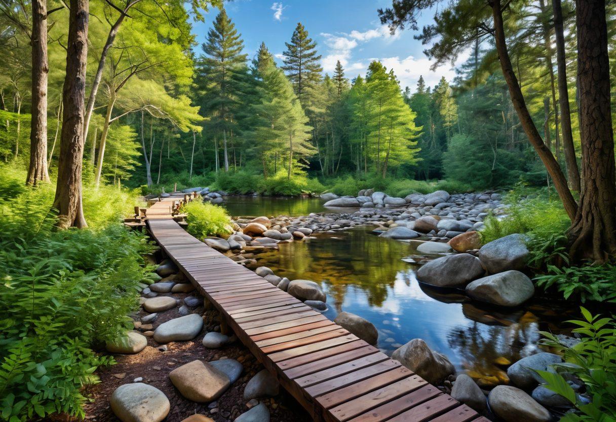 A serene landscape combining elements of nature therapy, like a tranquil forest path and a peaceful water stream, integrated with symbols of holistic wellness such as essential oils, yoga mats, and meditation stones. Include a diverse group of people engaging in different wellness practices like meditation and journaling, under a bright and uplifting sky. The overall tone should evoke a sense of calmness and emotional balance. vibrant colors. super-realistic.